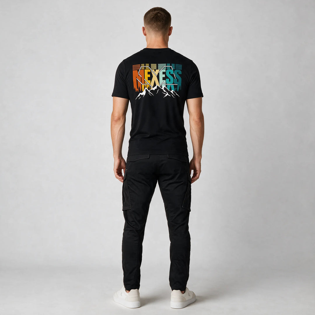 Black MEXESS t-shirt with striped retro lettering on the back