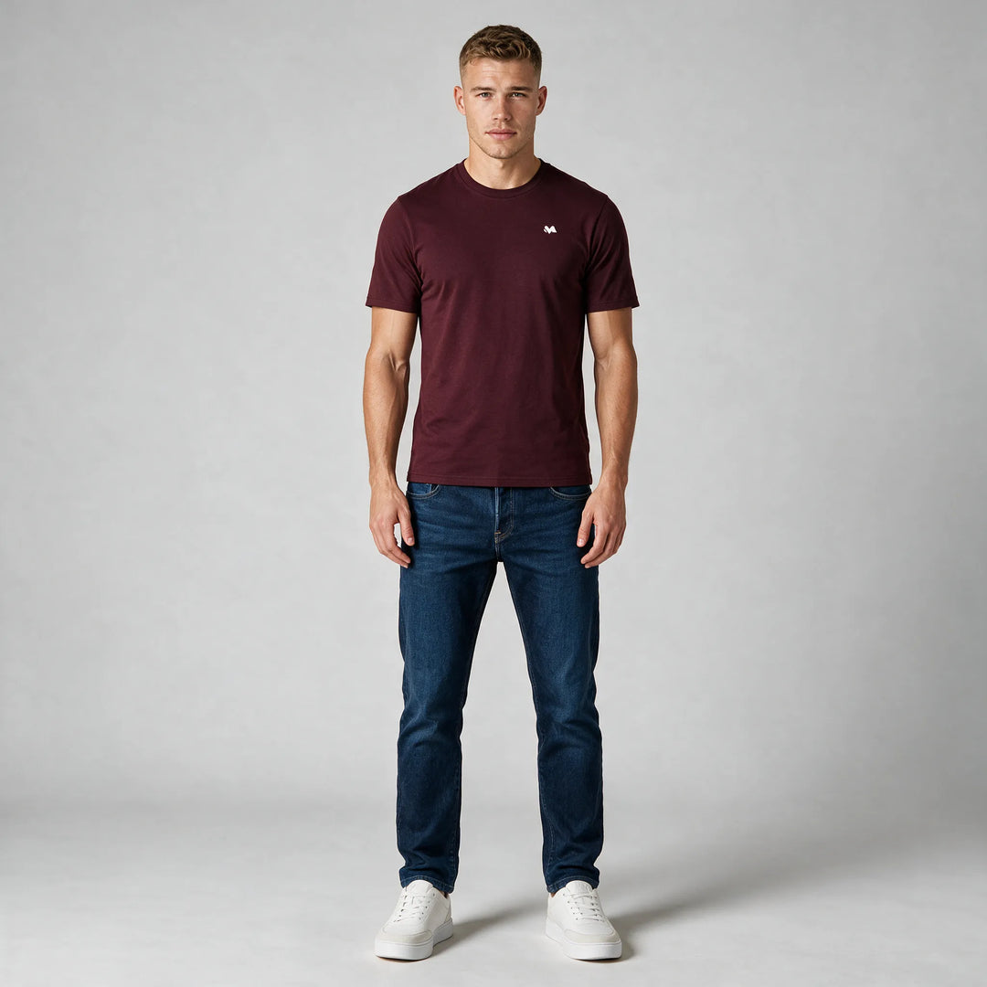 Burgundy graphic t-shirt, retro mountain print in orange, mint and teal