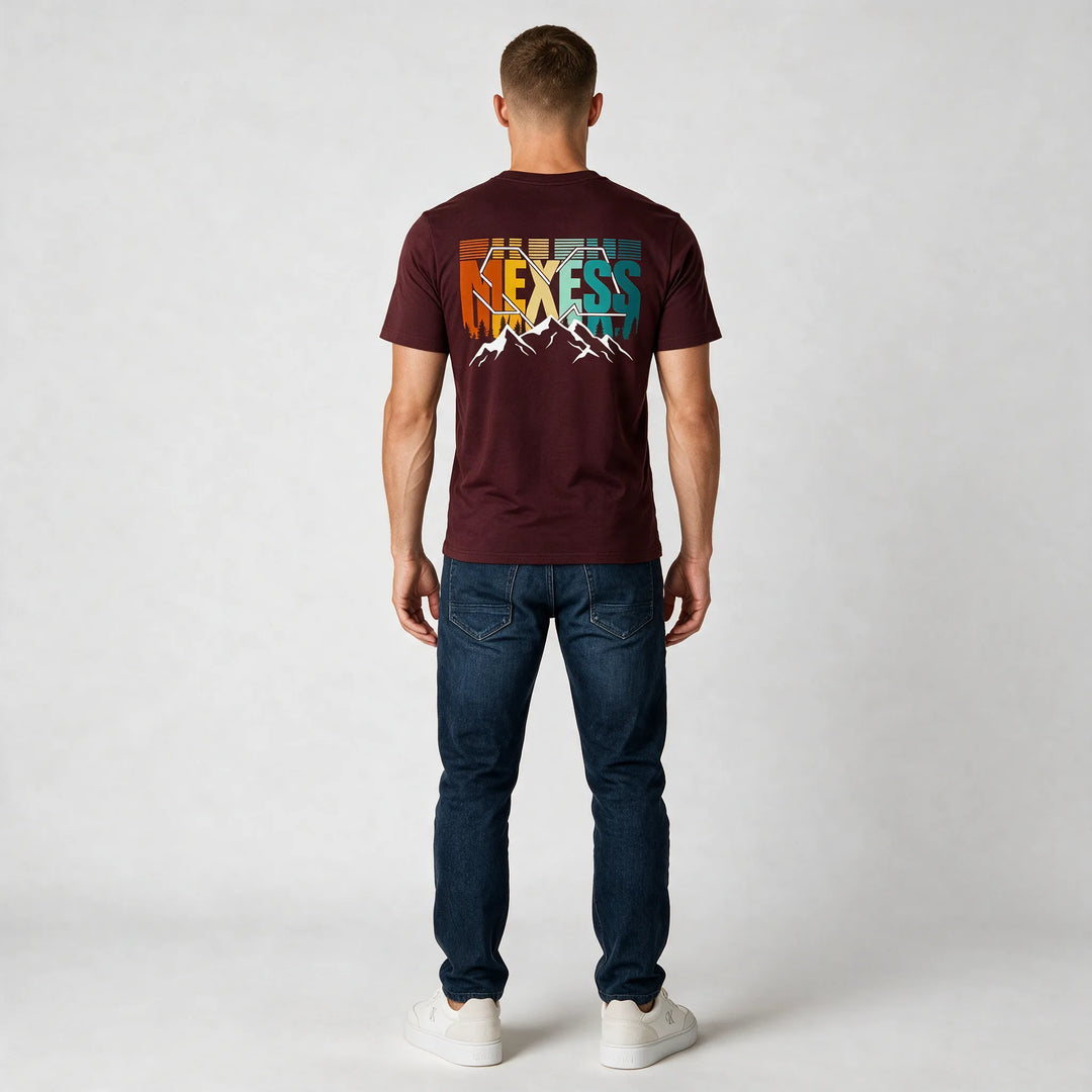 Burgundy MEXESS t-shirt with striped lettering and mountain range print