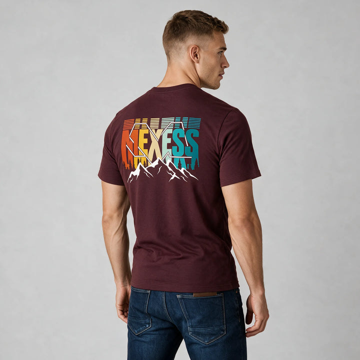 Burgundy organic cotton t-shirt with a sunset-colored MEXESS mountain print