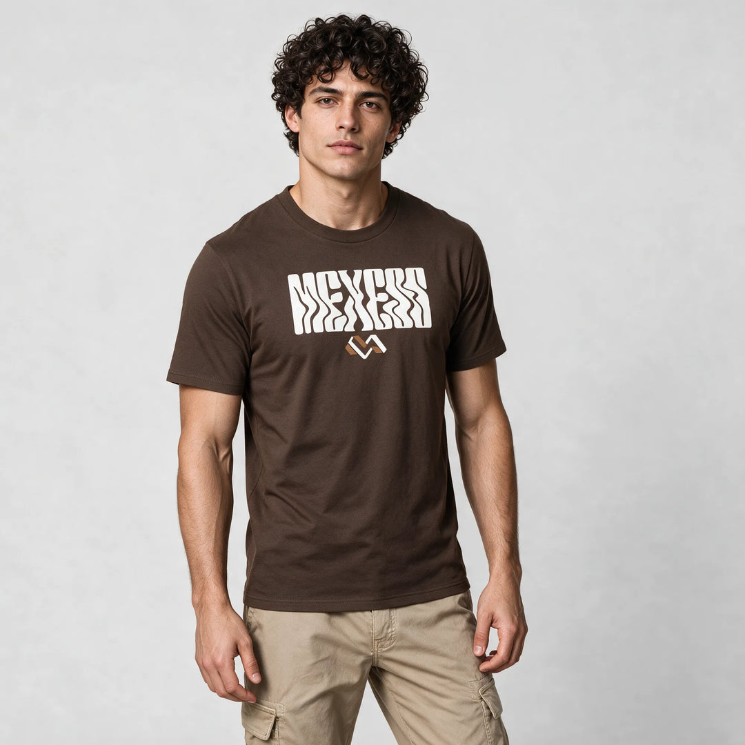 Mocha brown organic cotton graphic t-shirt with a wavy white MEXESS chest print, worn by a man, front view