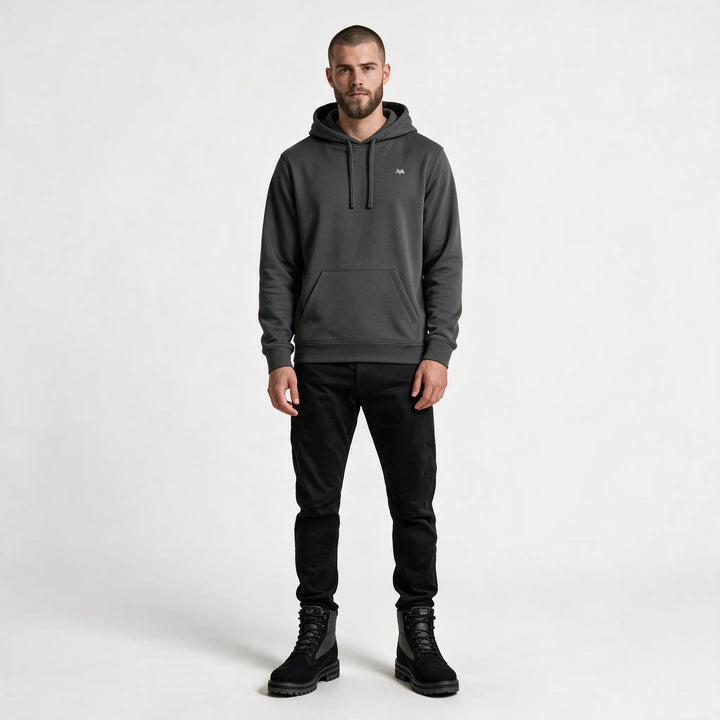 Full-length front view of the dark gray organic cotton hoodie