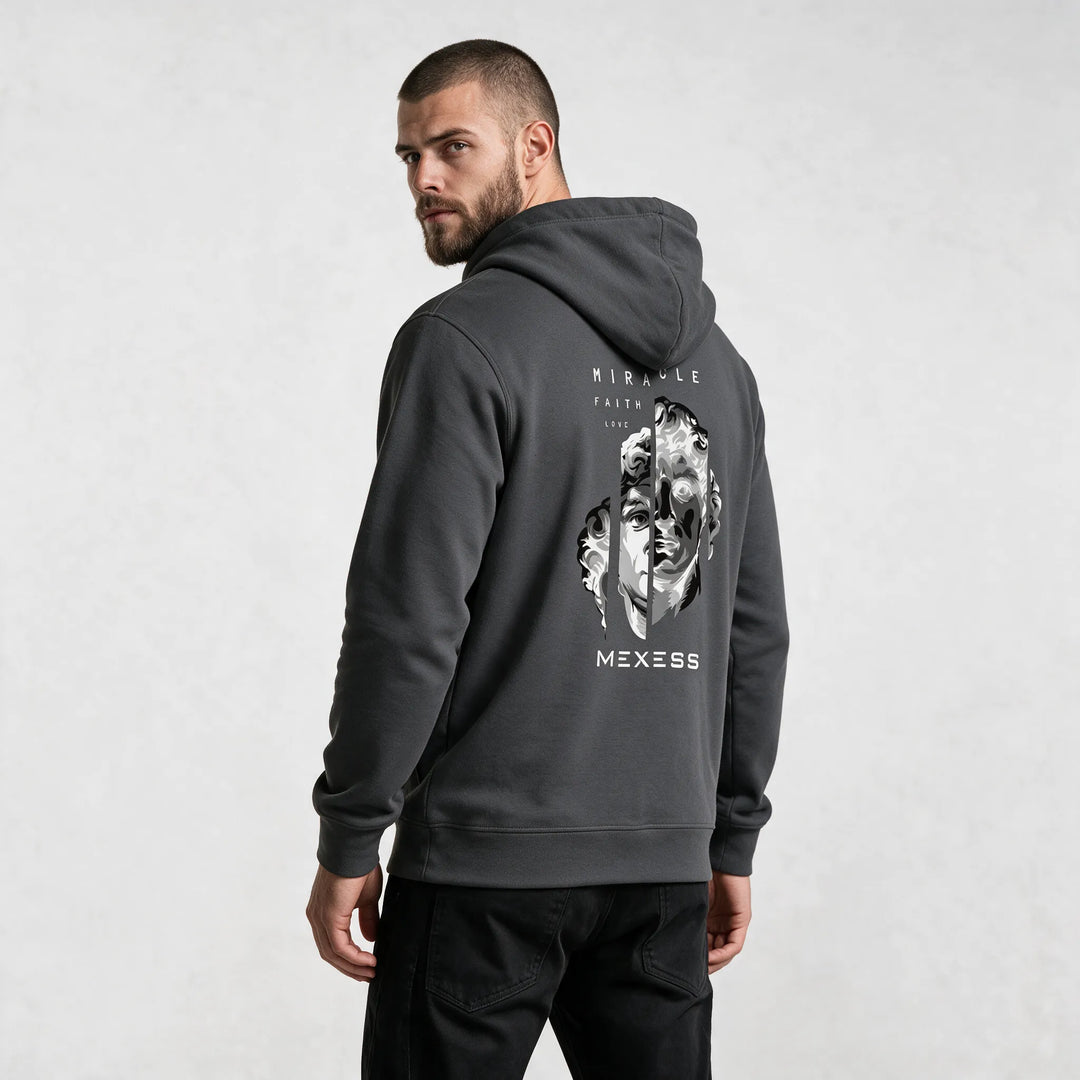 Statue graphic hoodie for men in dark gray, side-back view with split classical head print