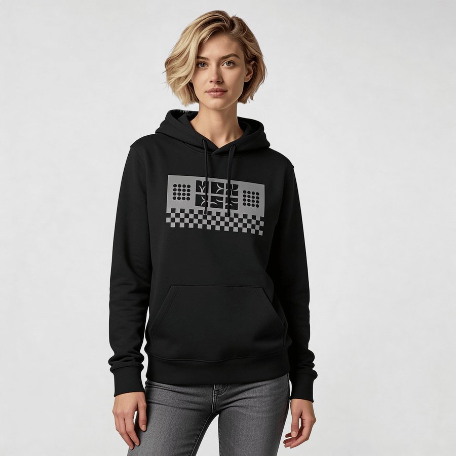 Alt Tag: streetwear hoodie Iconic Streetwear Hoodie DR666 women’s black graphic pullover with front print, studio model view