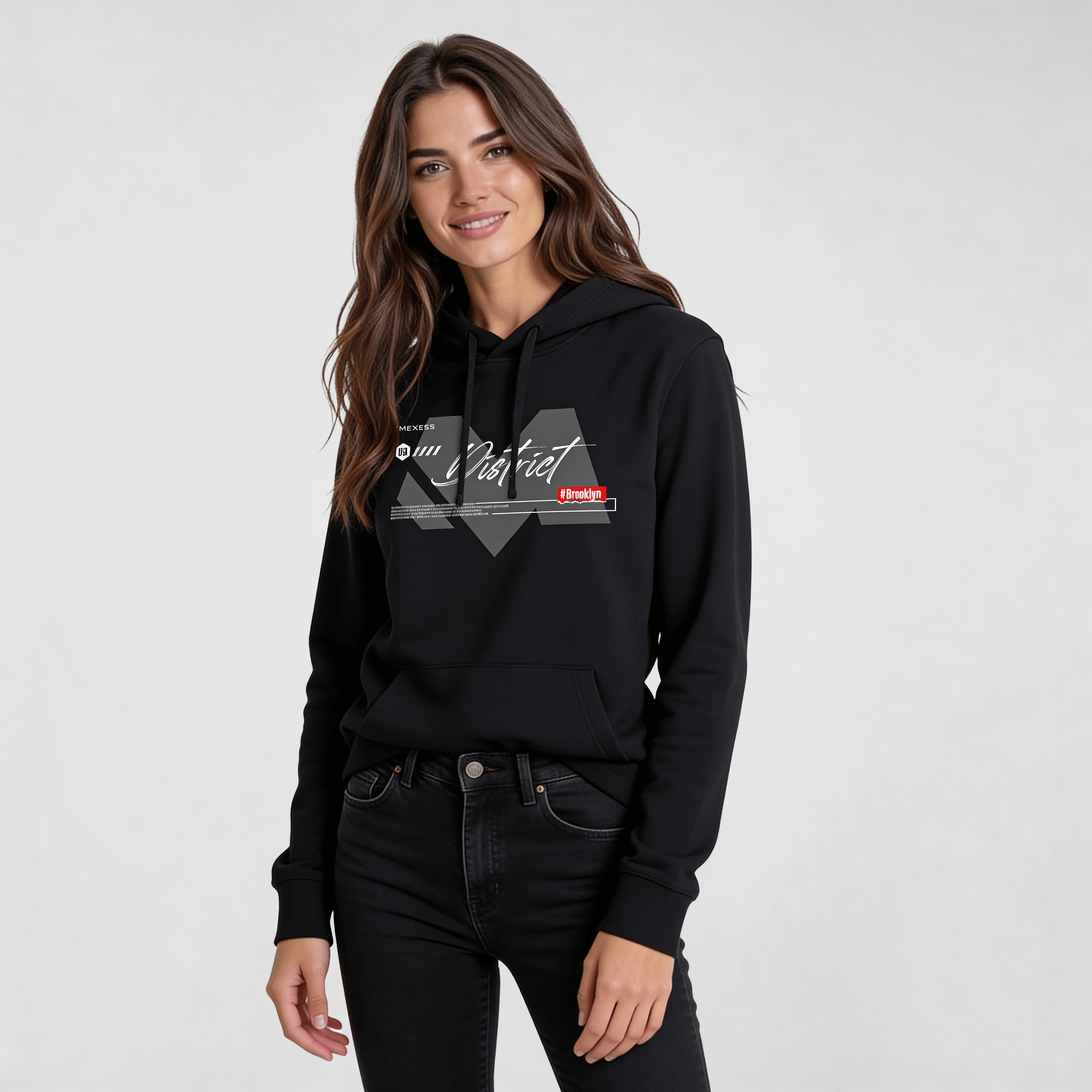 Woman wearing Iconic Streetwear Hoodie DR667 by MEXESS, featuring graphic design on a deep black base, perfect for modern streetwear style.