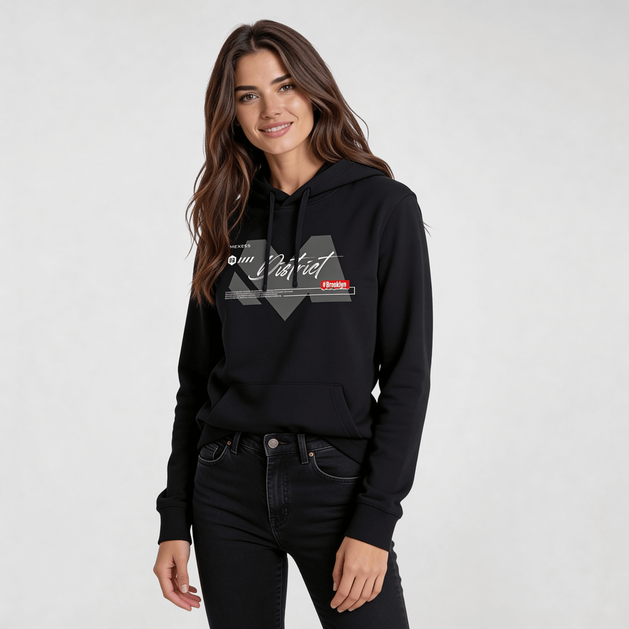 Woman wearing Iconic Streetwear Hoodie DR667 by MEXESS, featuring graphic design on a deep black base, perfect for modern streetwear style.