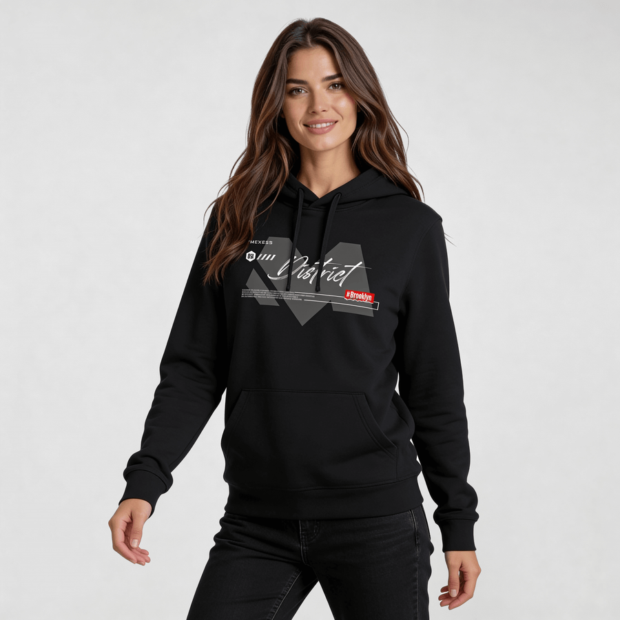 Woman wearing Iconic Streetwear Hoodie DR667 by MEXESS in black, showcasing streetwear hoodie style with graphic detail.