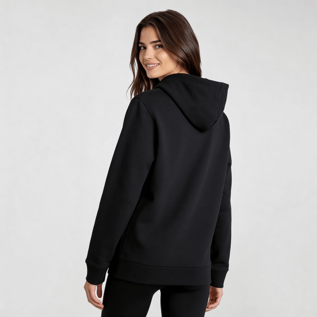 Woman wearing black streetwear hoodie DR673 with minimalist design, showcasing modern urban style and comfort.