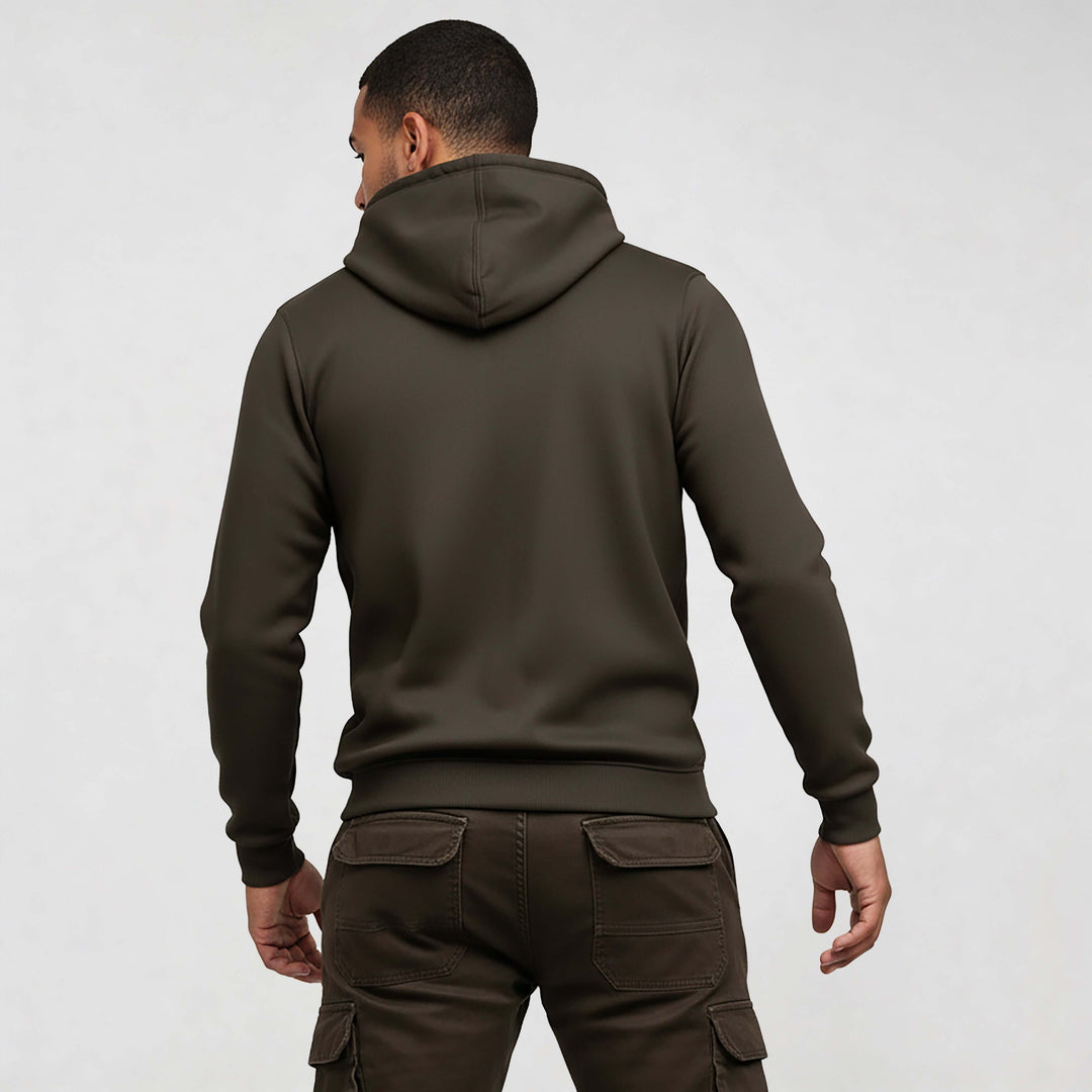 Back view of a model wearing a brown Core Streetwear Hoodie DR679 made from organic cotton, highlighting modern streetwear style.