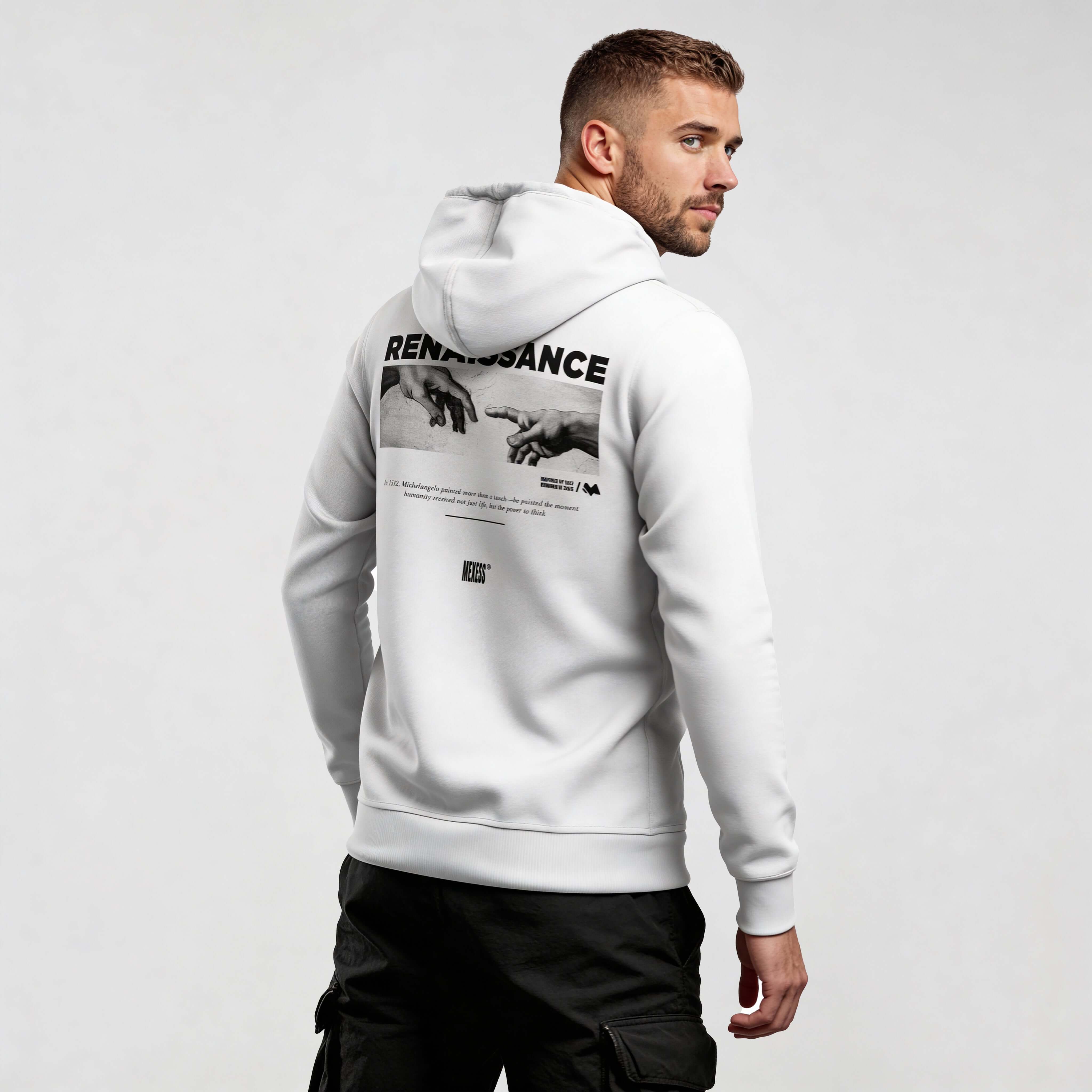 Man wearing Iconic Streetwear Hoodie DR694 with artistic back graphic, perfect for urban style. Premium organic cotton streetwear hoodie.