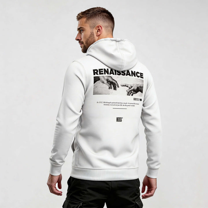 Man wearing iconic streetwear hoodie DR694 with art-inspired graphic on the back, showcasing modern urban style.