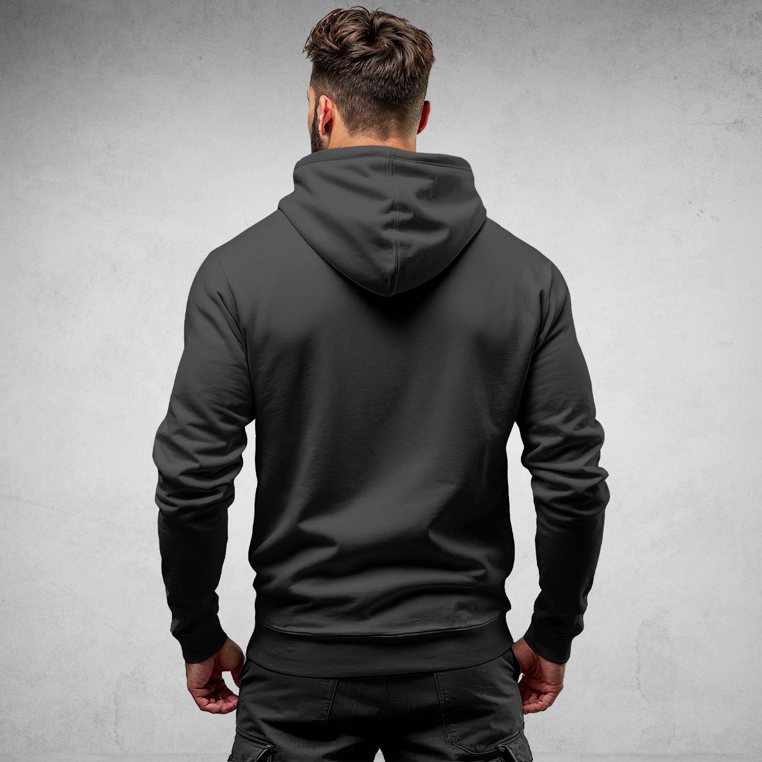 MEXESS men's organic cotton hoodie back view in charcoal gray on male model showing fit