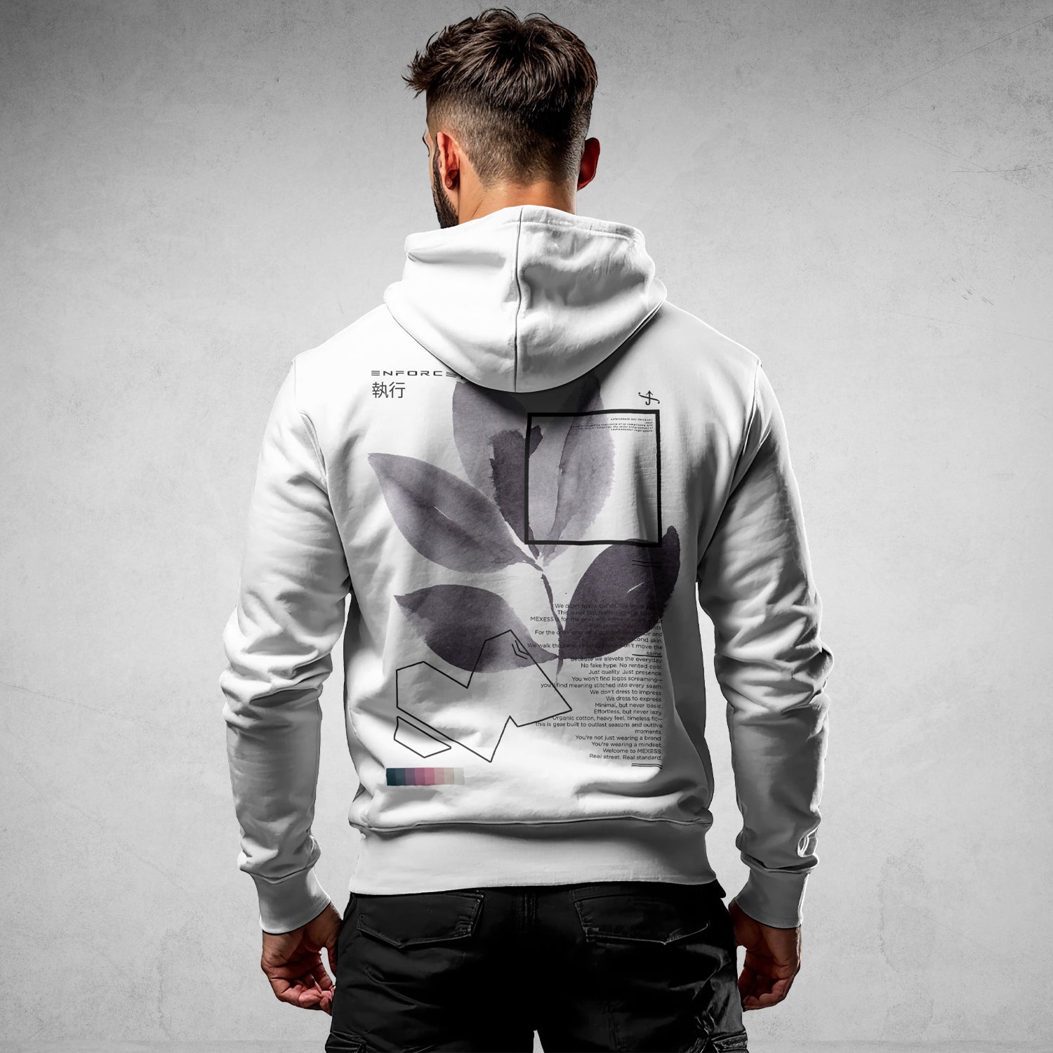 MEXESS Men's Streetwear Hoodie white back view with large abstract black leaf graphic and square print