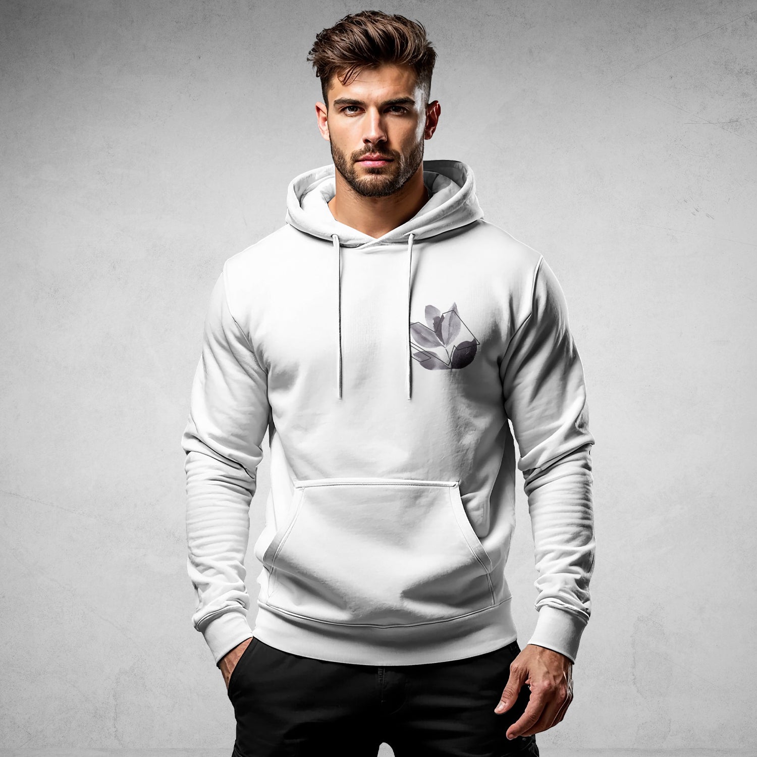 MEXESS Men's Streetwear Hoodie white slim fit with small chest leaf print worn by male model