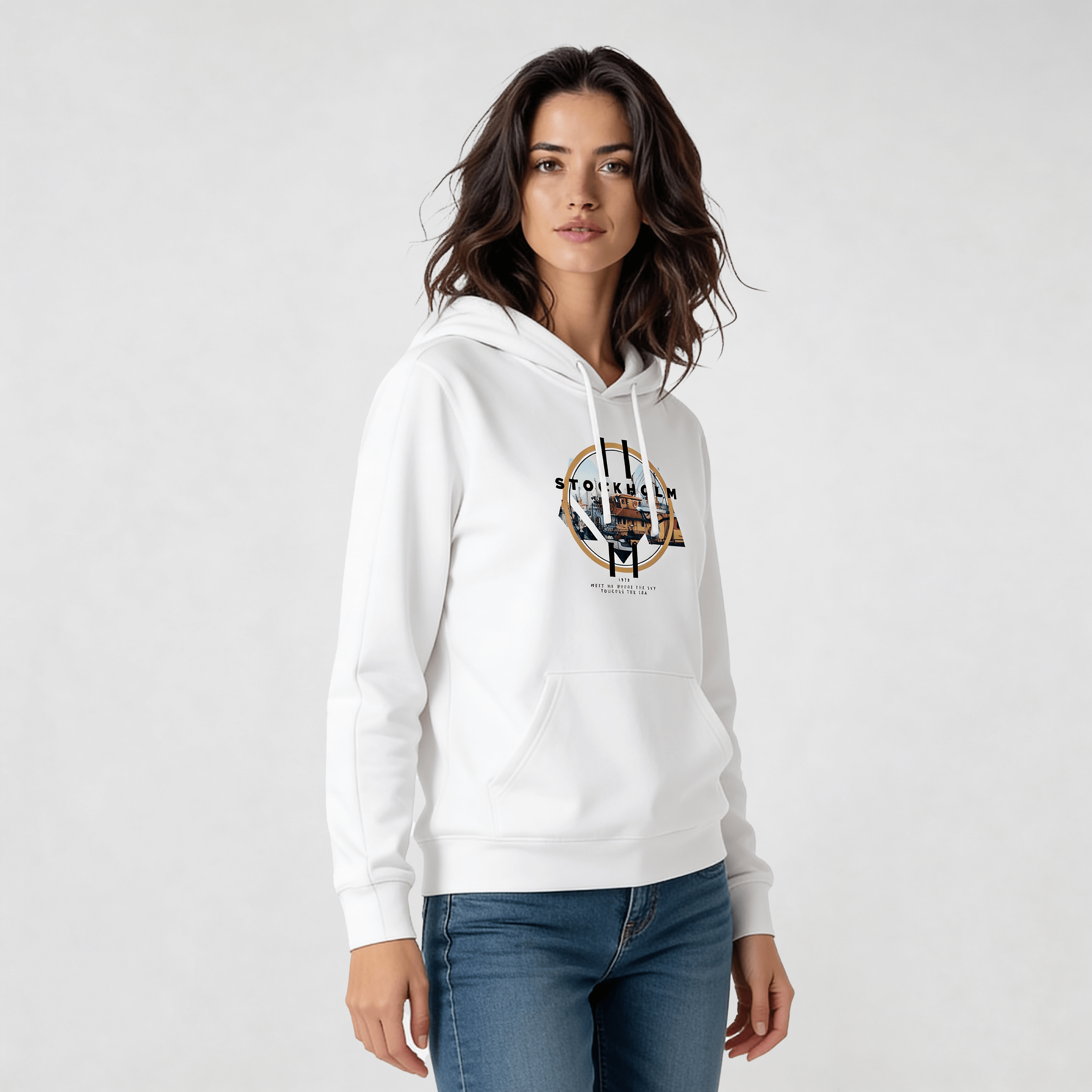 Woman wearing Iconic Streetwear Hoodie DR701 featuring urban graphic, perfect for modern everyday wear, made from organic cotton.
