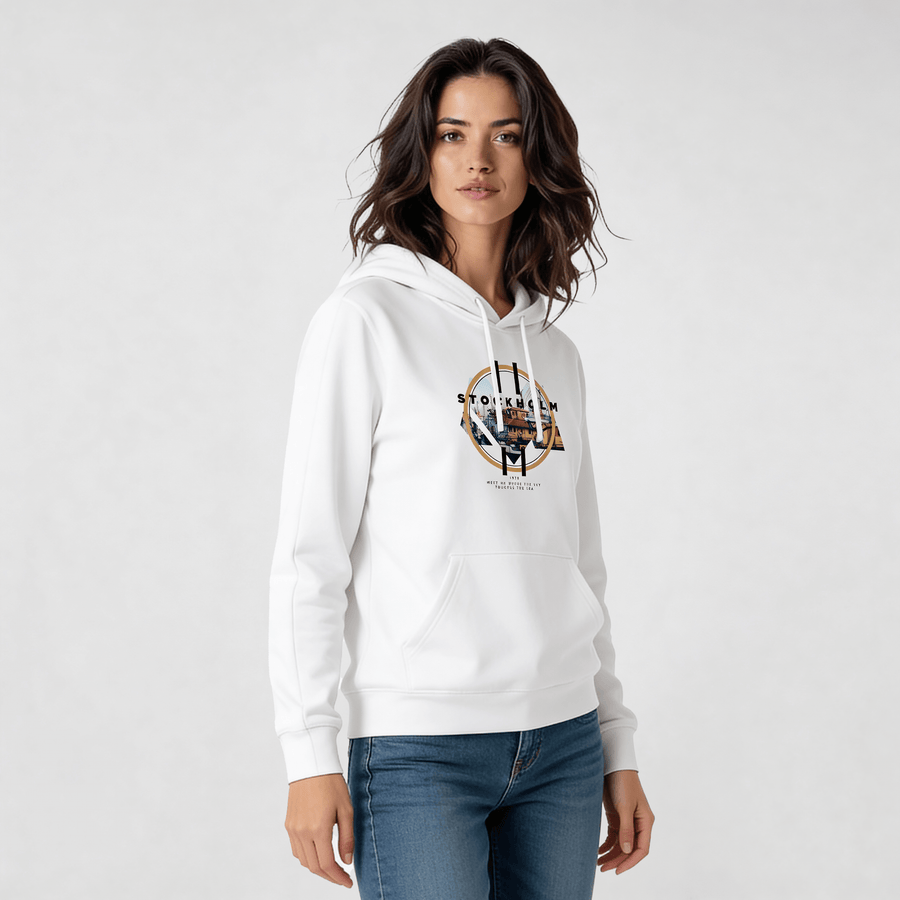 Woman wearing Iconic Streetwear Hoodie DR701 featuring urban graphic, perfect for modern everyday wear, made from organic cotton.