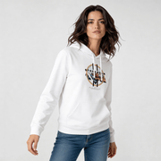 Woman wearing white streetwear hoodie DR701 with location-inspired graphic, styled for urban fashion.
