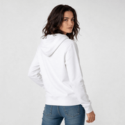 Model wearing iconic streetwear hoodie DR701 in white, designed with organic cotton for a stylish urban look.