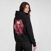 Woman wearing an Iconic Streetwear Hoodie DR702 with large back rose print, exemplifying stylish modern streetwear hoodie fashion.