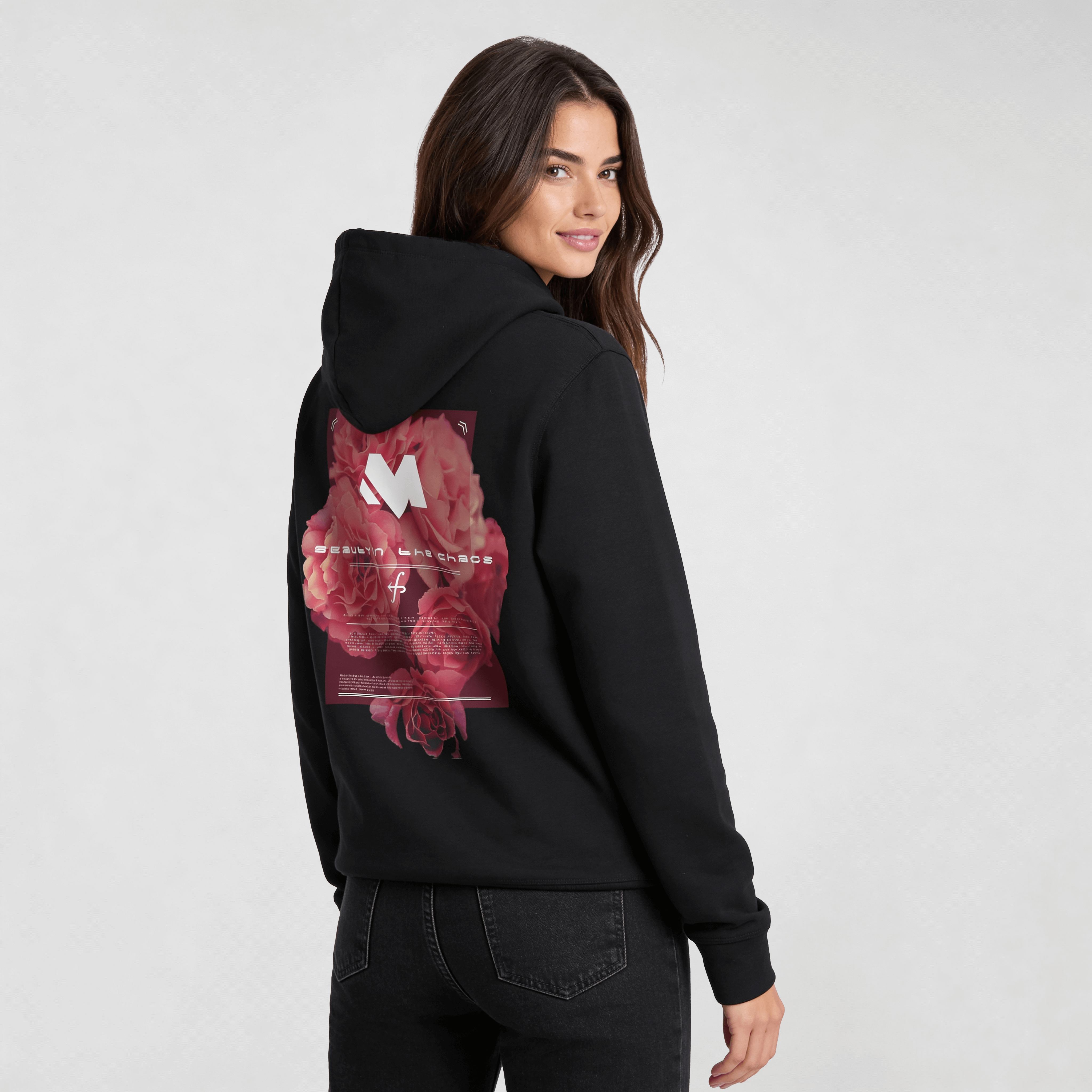 Woman wearing an Iconic Streetwear Hoodie DR702 with large back rose print, exemplifying stylish modern streetwear hoodie fashion.