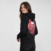 Woman wearing Iconic Streetwear Hoodie DR702 with rose graphic back print.