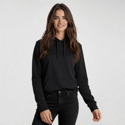 Model wearing iconic streetwear hoodie DR702 by MEXESS with rose print detailing.