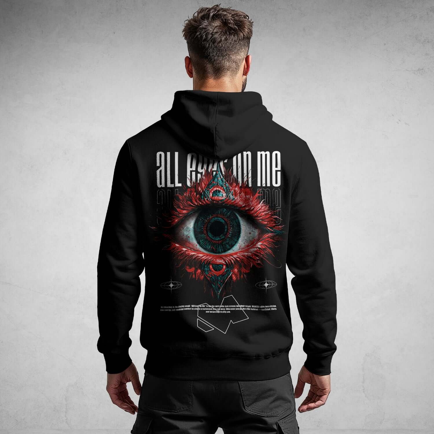 Back view of Iconic Streetwear Hoodie DR703 with bold eye design, perfect for individuals seeking a unique streetwear hoodie.