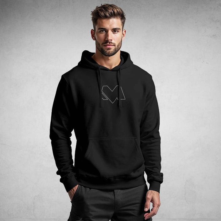 Man wearing black streetwear hoodie from MEXESS, Iconic Streetwear Hoodie DR703, showcasing bold design and premium comfort