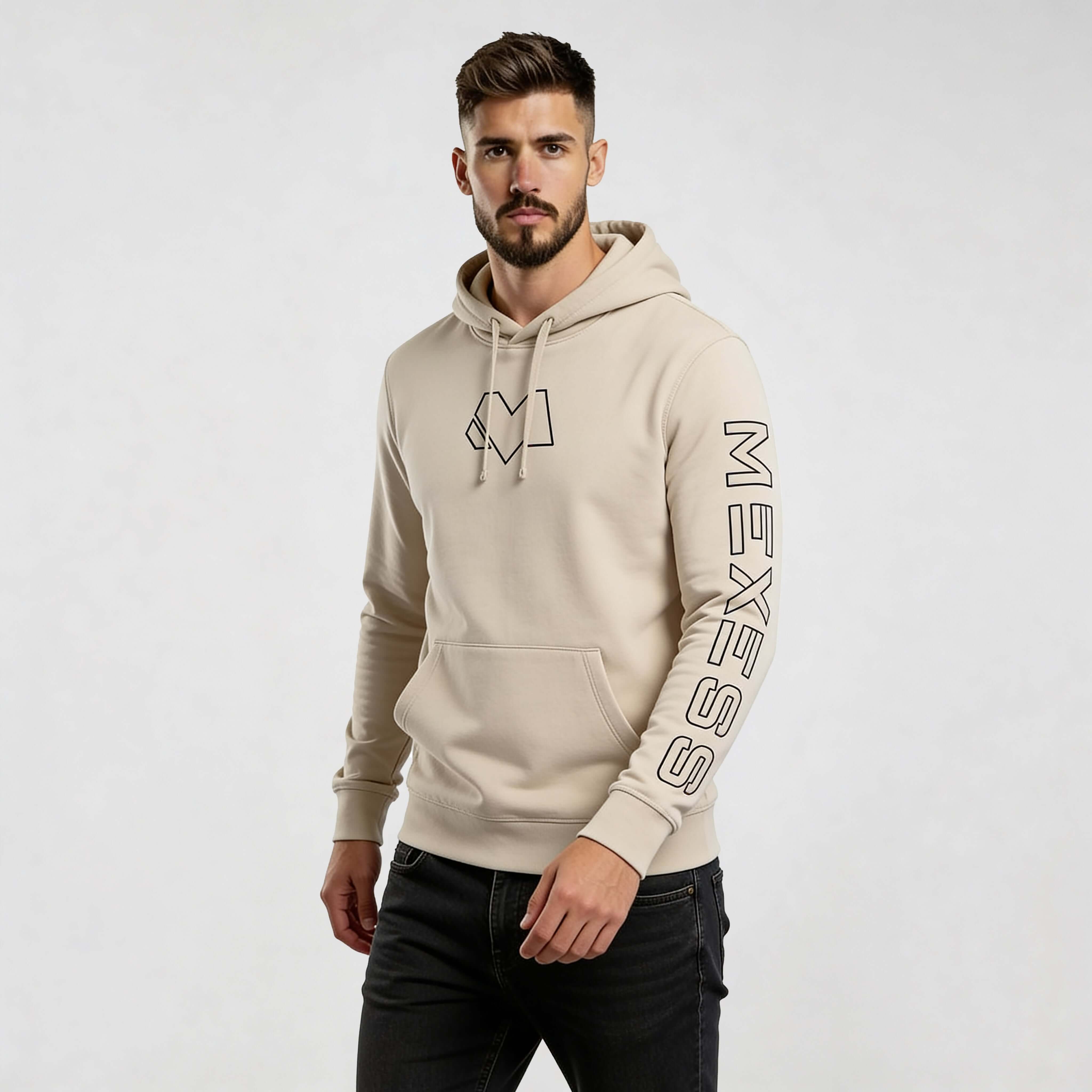 streetwear hoodie Core Streetwear Hoodie DR707 by MEXESS, beige pullover with logo chest and sleeve print on male model