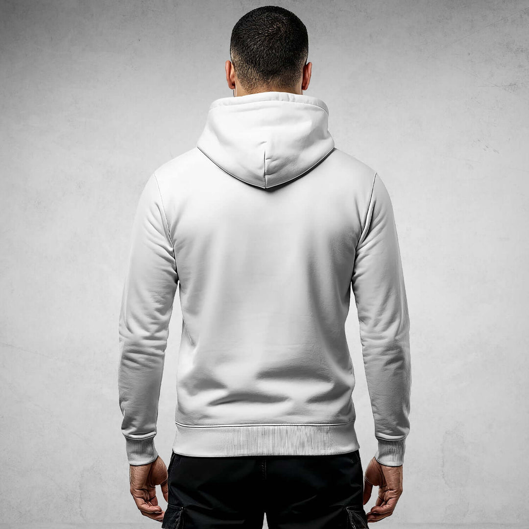 Back view of a white streetwear hoodie DR708 displaying urban style and comfort for men, crafted from organic cotton for everyday wear.