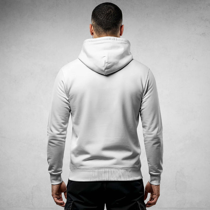 Back view of a white streetwear hoodie DR708 displaying urban style and comfort for men, crafted from organic cotton for everyday wear.