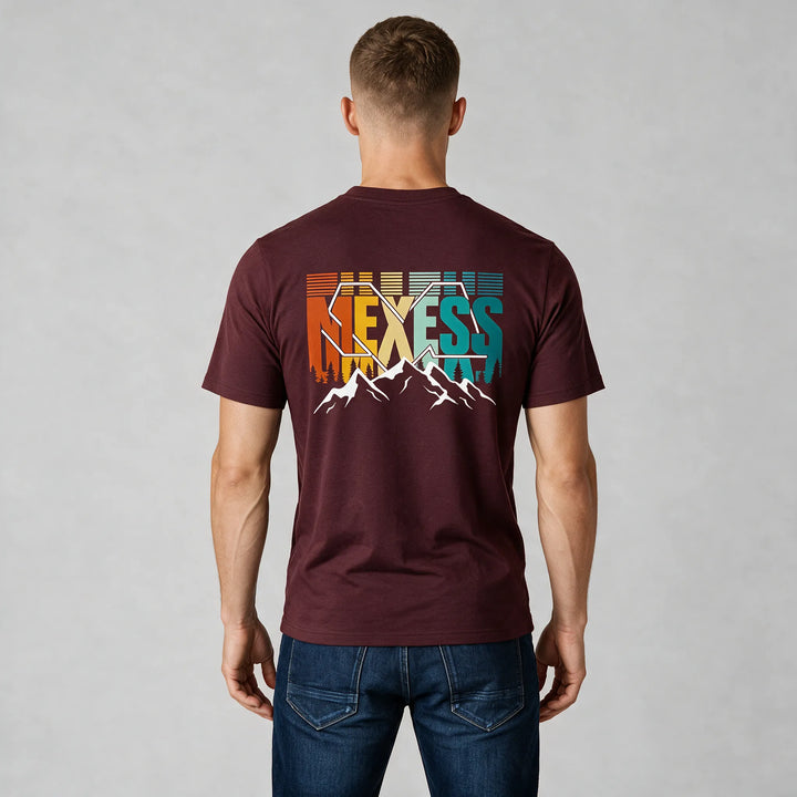 Burgundy mountain graphic t-shirt with a retro MEXESS back print in organic cotton