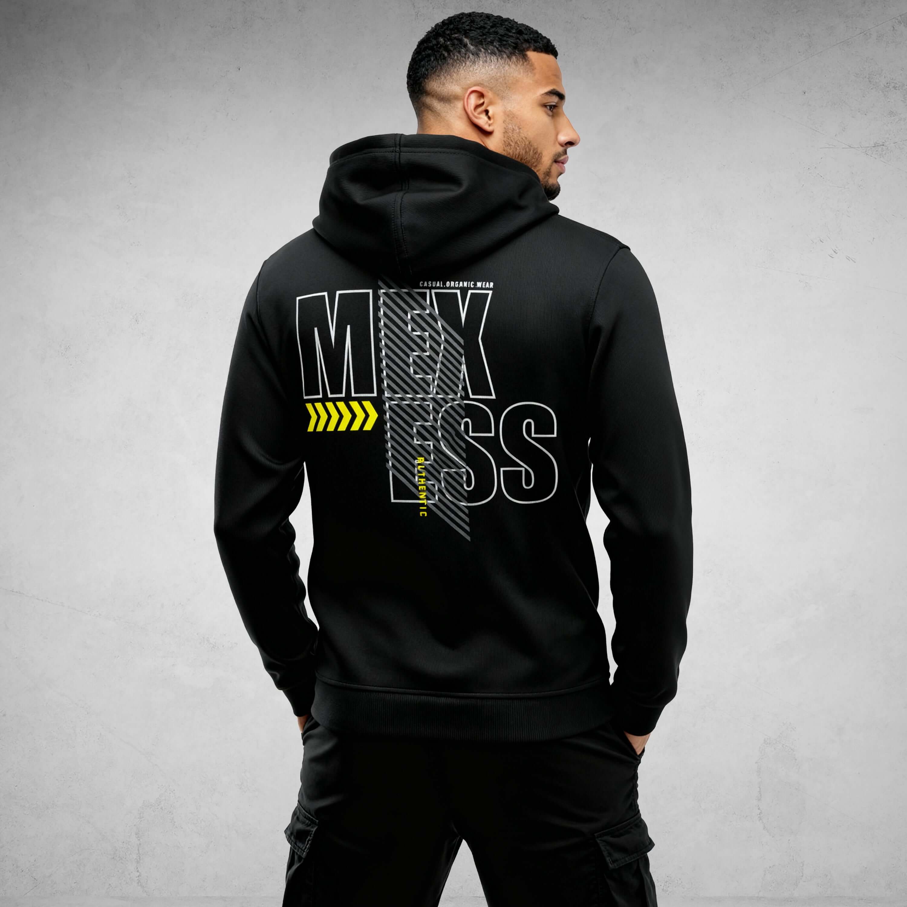 Model wearing Iconic Streetwear Hoodie DR712 with MEXESS design, ideal for urban fashion. Focus keyword: streetwear hoodie.