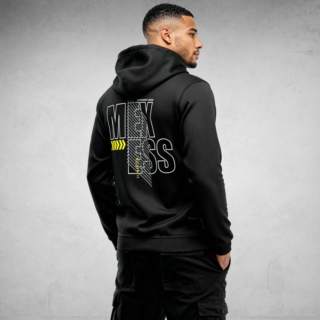Back view of Iconic Streetwear Hoodie DR712 by MEXESS, featuring bold design elements and modern urban style.