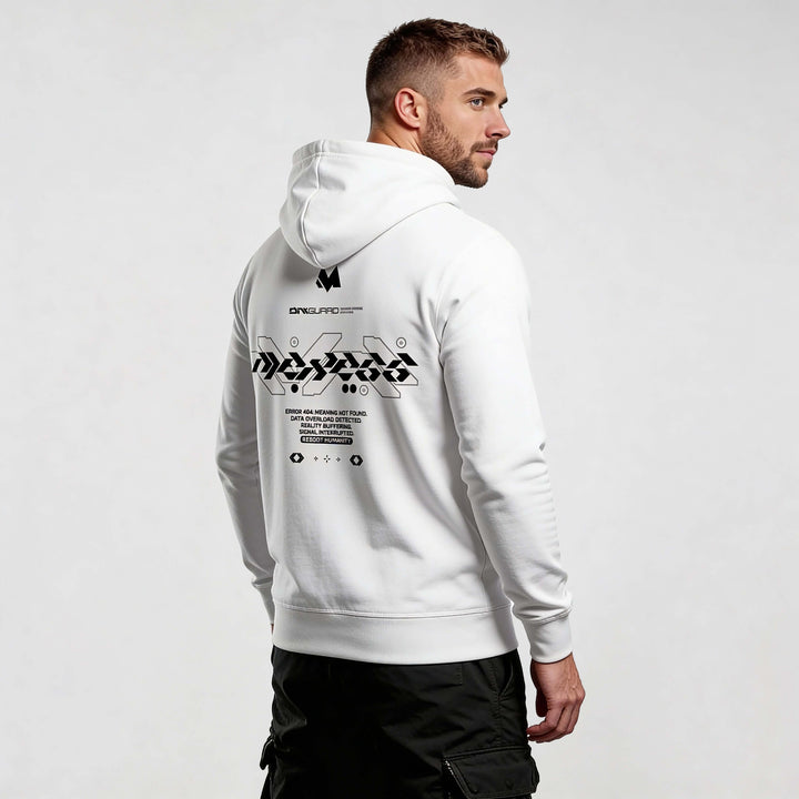 Man wearing MEXESS Organic Cotton streetwear hoodie in white, showing graphic design on back, 100% premium material. Fashionable urban style.