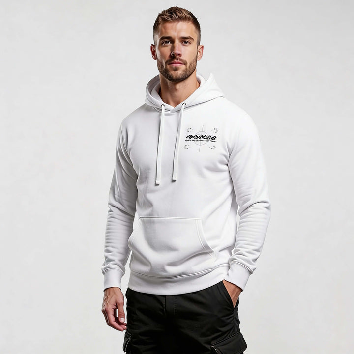 Man wearing Iconic Streetwear Hoodie DR719 made of 100% organic cotton for urban style and comfort.