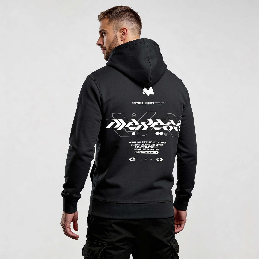 Model wearing the Iconic Streetwear Hoodie DR719 in black, made from 100% organic cotton, showcasing unique back graphics and urban style.