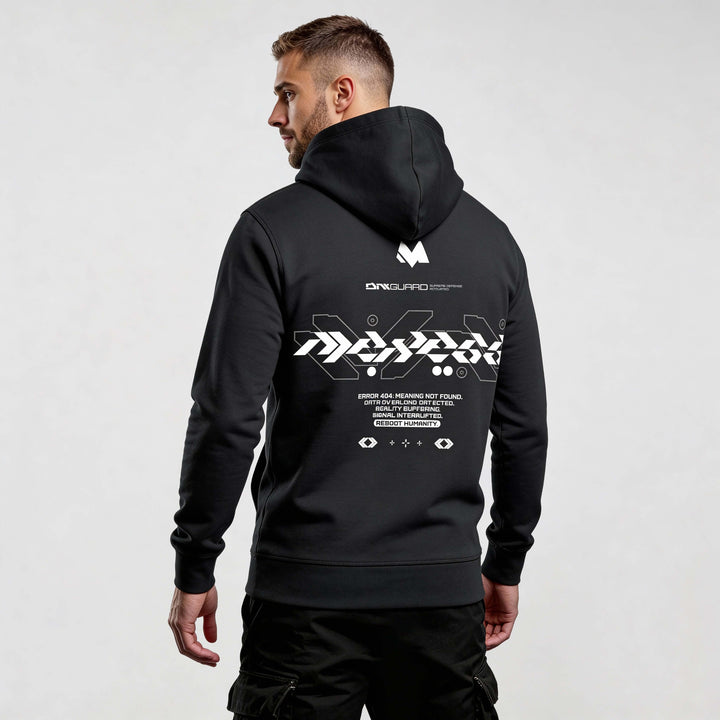 Model wearing the Iconic Streetwear Hoodie DR719 in black, made from 100% organic cotton, showcasing unique back graphics and urban style.