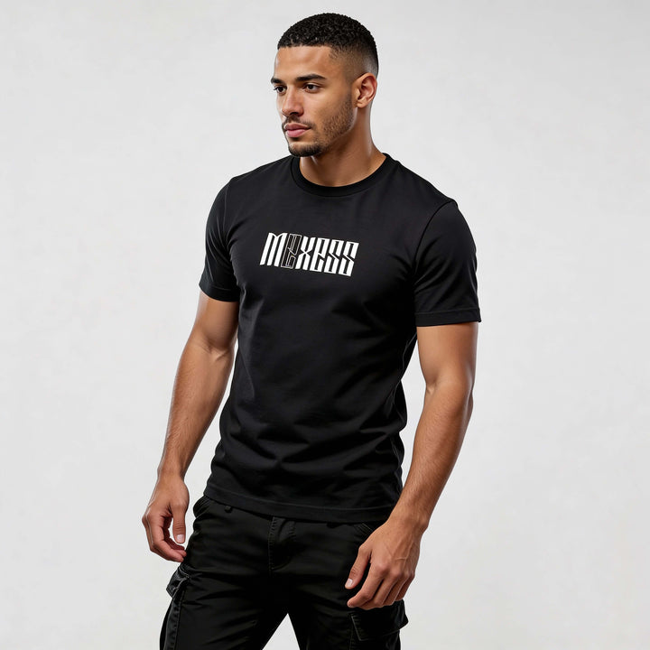 Model wearing black Iconic CR720 streetwear t-shirt by MEXESS, showcasing premium comfort and modern style for men.