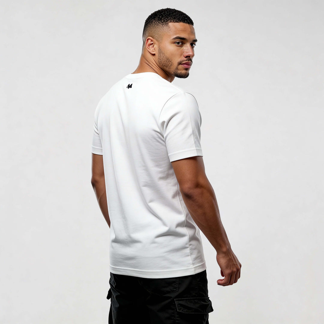 Man wearing Iconic CR720 streetwear t-shirt in white, showcasing clean and modern style from the back.