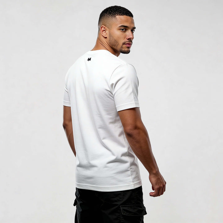 Man wearing Iconic CR720 streetwear t-shirt in white, showcasing clean and modern style from the back.