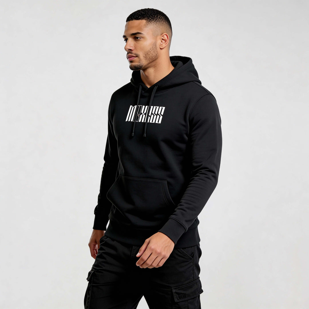 Model wearing black streetwear hoodie DR720 by MEXESS, showcasing modern style, comfort, and quality for men&