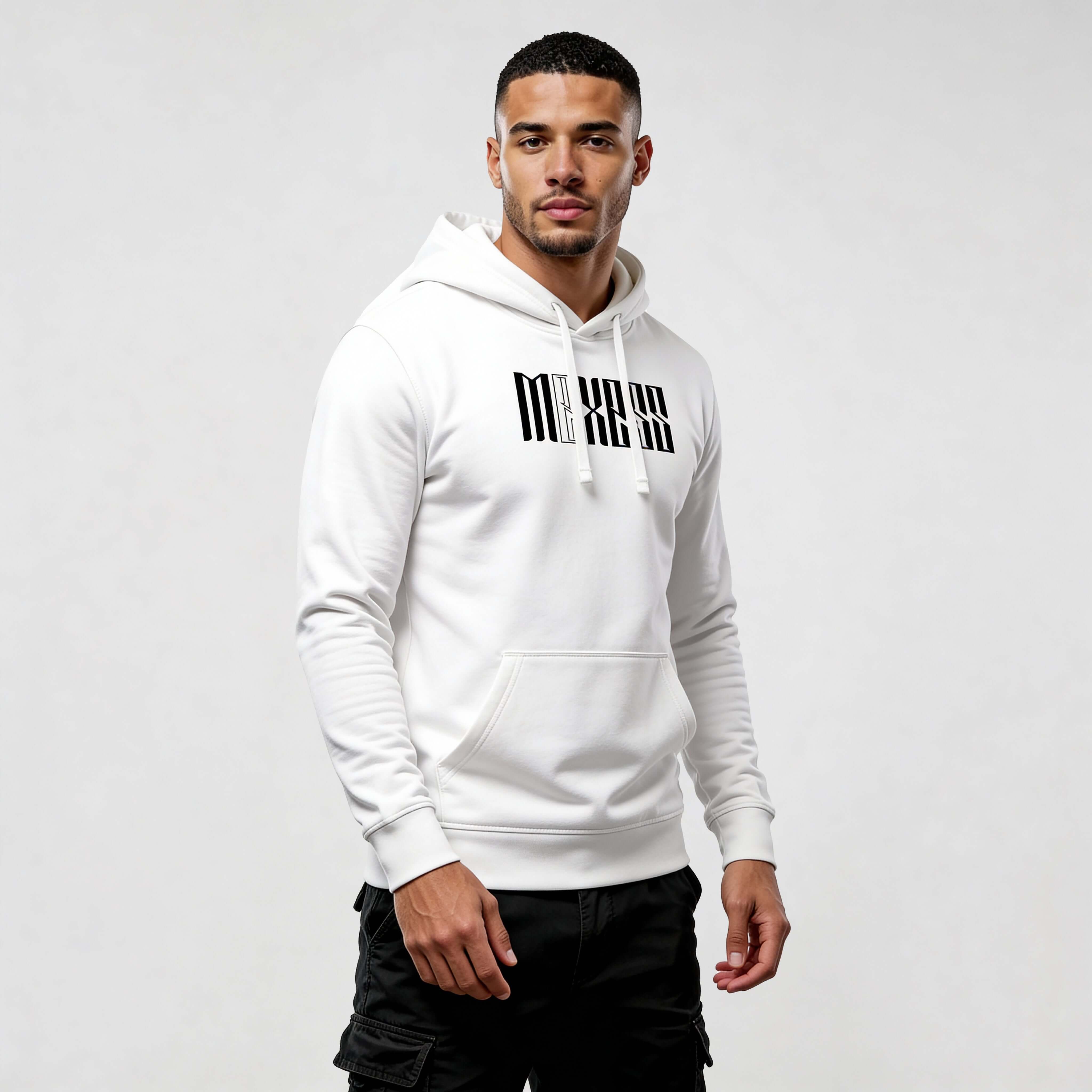 Man wearing Iconic Streetwear Hoodie DR720 by MEXESS, featuring a modern design and clean look. Perfect streetwear hoodie for men.