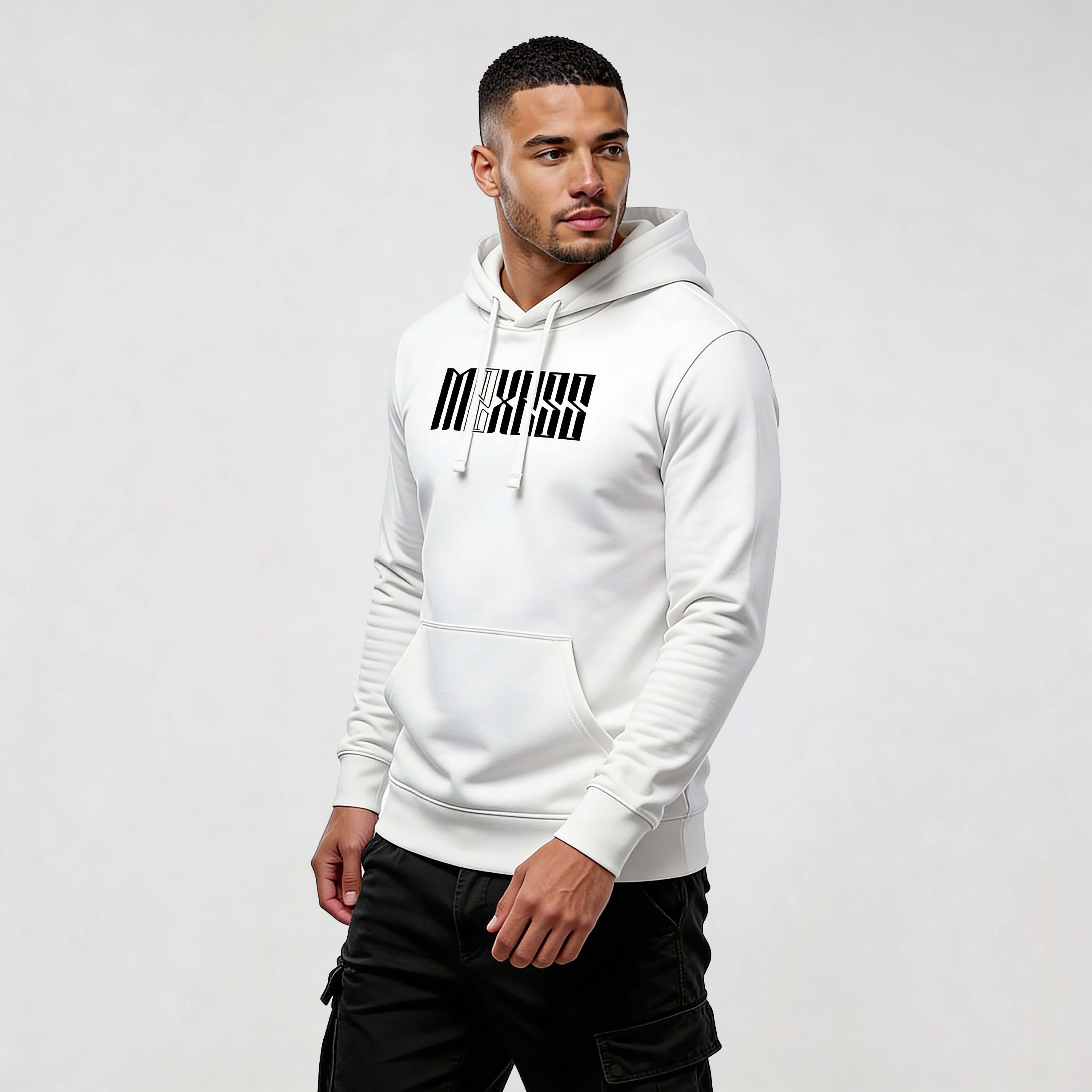 Iconic MEXESS streetwear hoodie DR720 in white, featuring a clean modern style for men valuing comfort and quality.