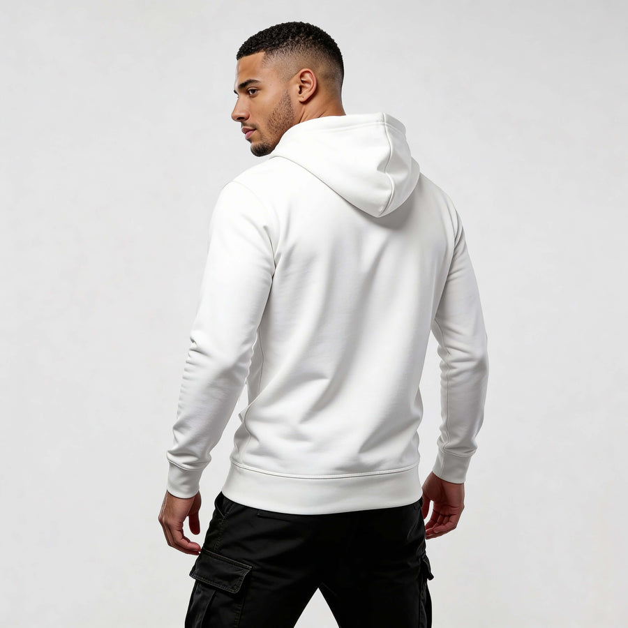 Man wearing Iconic Streetwear Hoodie DR720 in white, showcasing modern design, comfort, and style. Perfect addition to contemporary wardrobes.