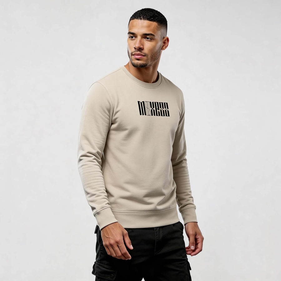 Man wearing Iconic Streetwear Sweatshirt RO720 by MEXESS in beige, showcasing contemporary streetwear sweatshirt style.