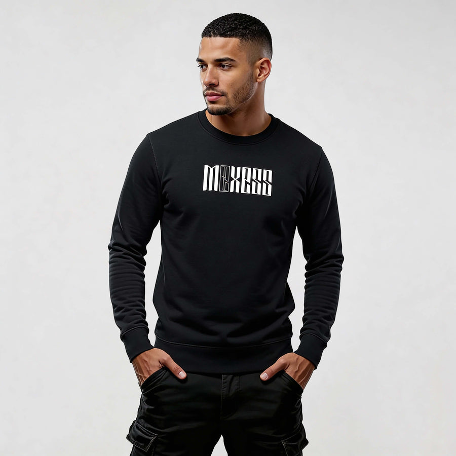Man wearing iconic streetwear sweatshirt RO720 with MEXESS logo, showcasing minimalistic urban style in black.
