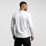 Back view of a man wearing a white Iconic Streetwear Sweatshirt RO720, showcasing a modern fit for urban style enthusiasts.
