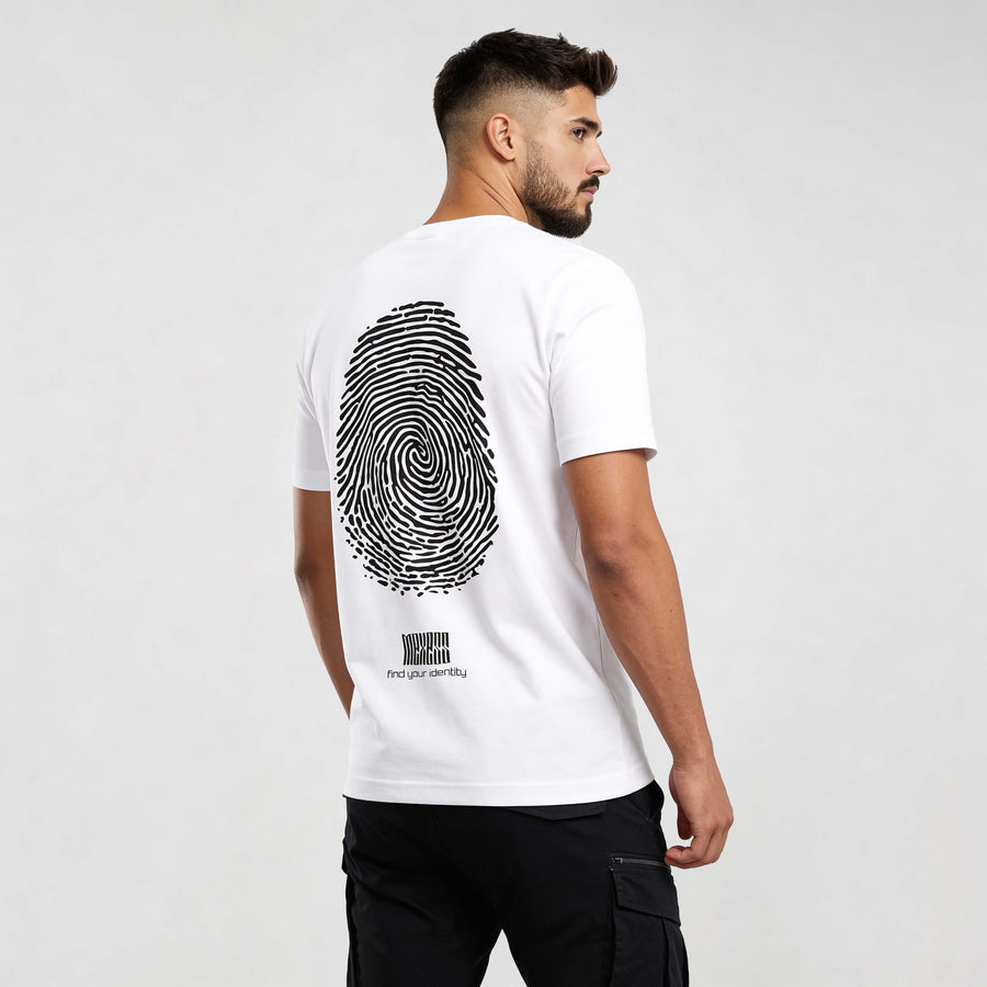 Iconic streetwear t-shirt CR720 with bold fingerprint graphic on the back, perfect for modern urban fashion enthusiasts seeking statement pieces.