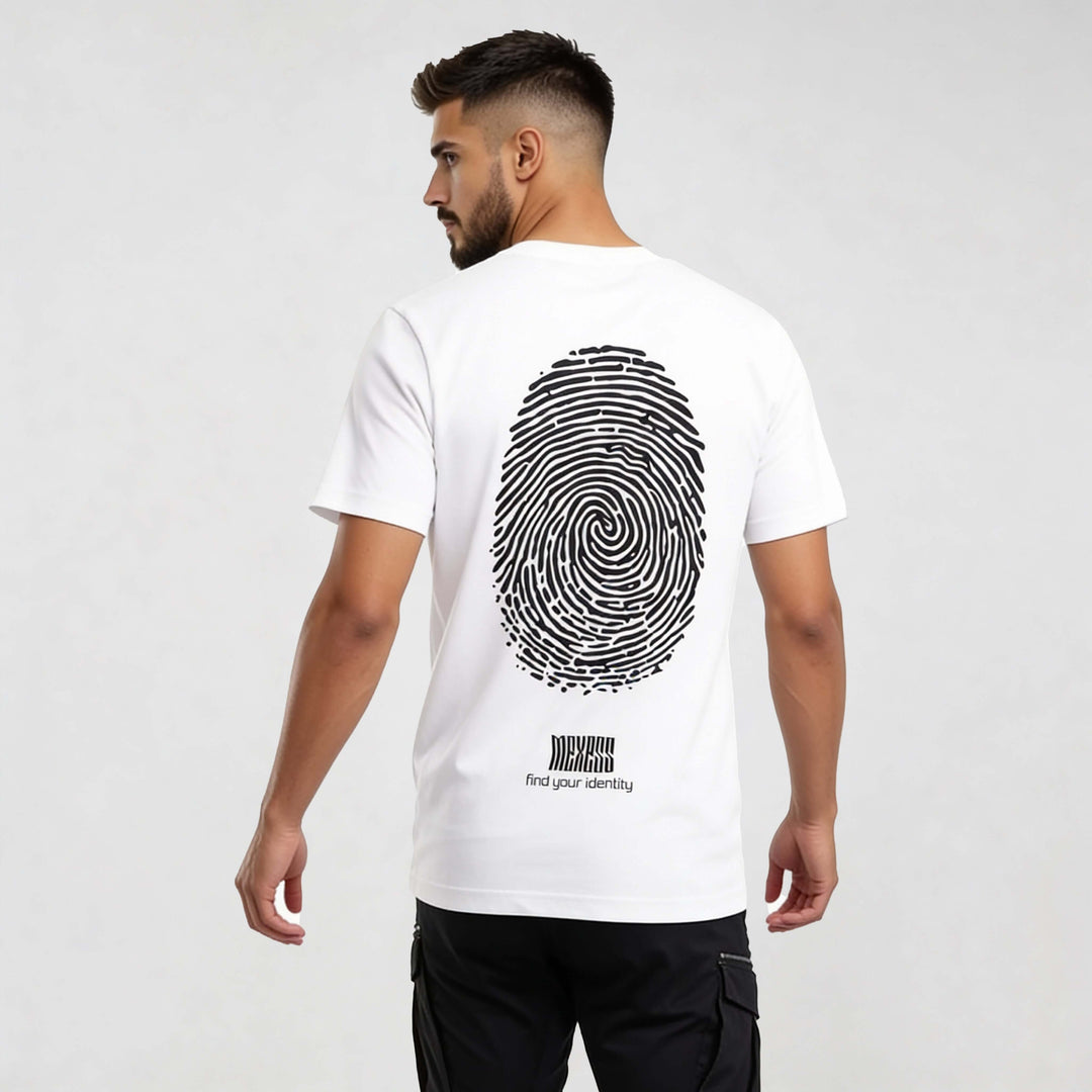 Model wearing MEXESS iconic streetwear t-shirt CR720 showcasing bold back graphic and minimal front style, perfect for urban fashion.
